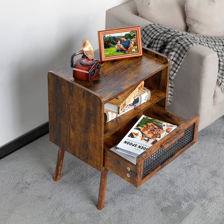 Lerliuo Rattan Nightstands Set of 2, Boho Side Table with Drawer Open Shelf, Cane Accent Bedside End Table with Solid Wood Legs for Bedroom, Dorm and Small Spaces (Brown) Lerliuo