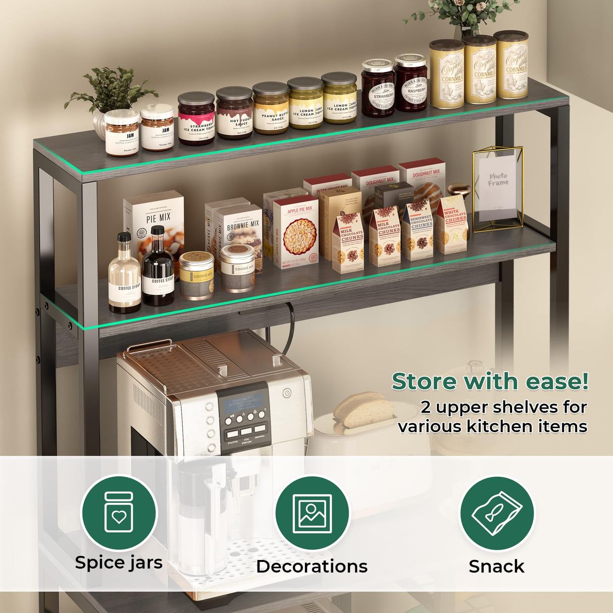 SUPERJARE Bakers Rack with Power Outlet, 35.4 Inches Coffee Bar with Wire Basket, Kitchen Microwave Stand with 6 S-Shaped Hooks, Open Storage Shelves, Charcoal Gray SUPERJARE