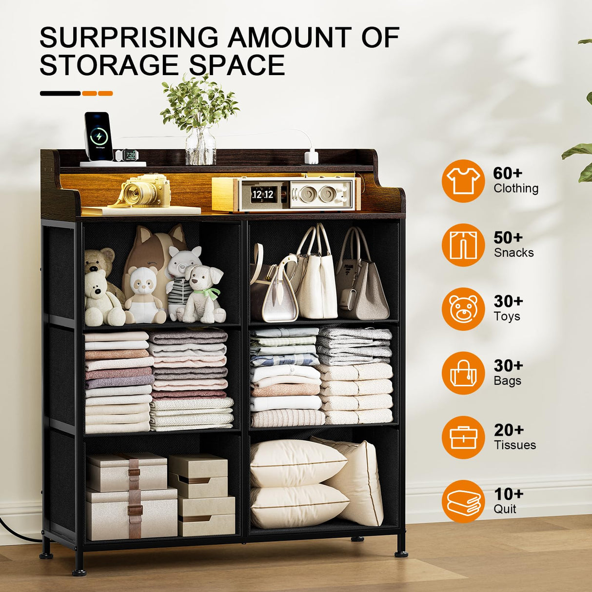 REAHOME Dresser for Bedroom with Charging Station and LED Lights, 6 Drawers Dresser TV Stand with Wooden Top, Tall Fabric Chest of Drawer with Sturdy Frame for Closet, Living Room, Hallway, Brown REAHOME