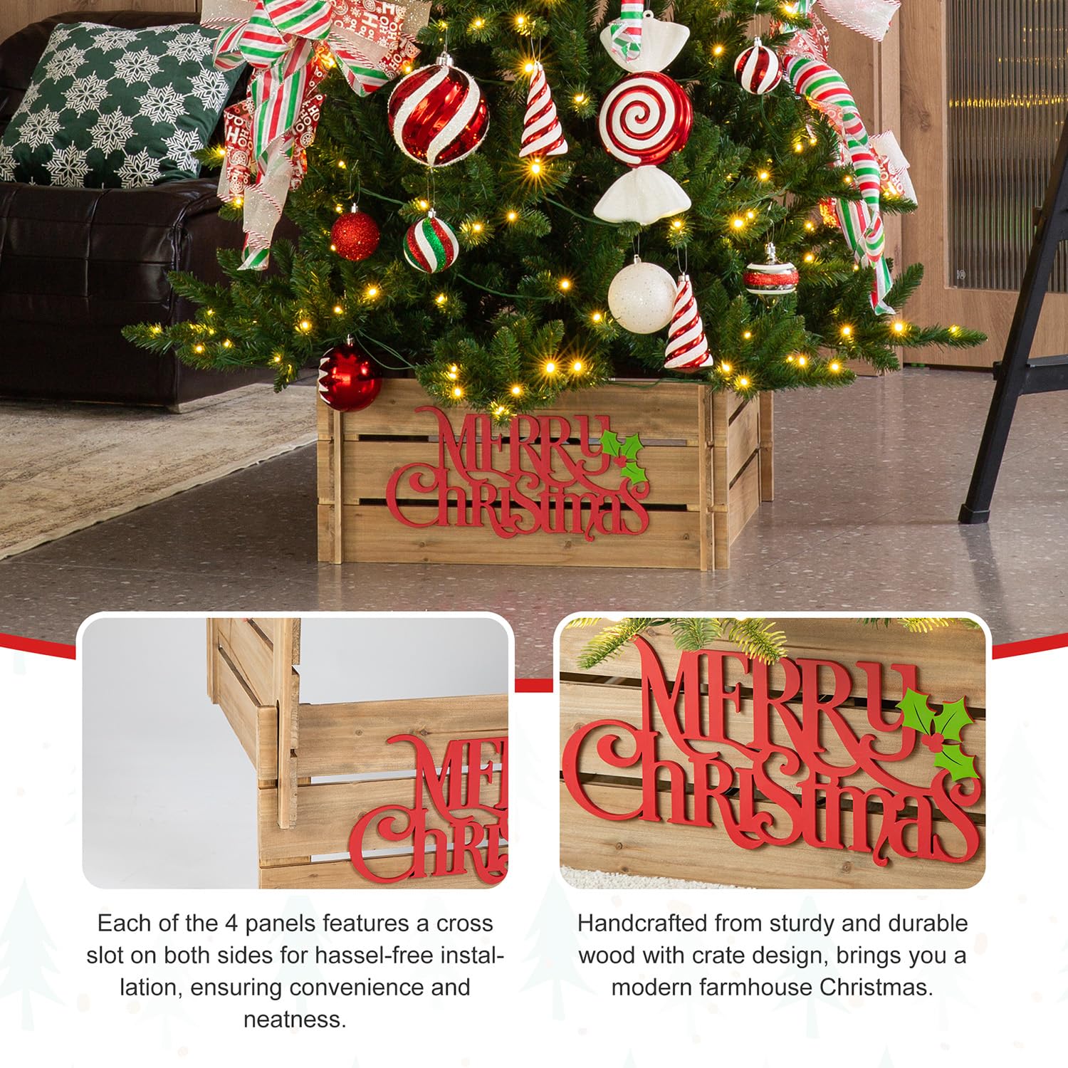 Glitzhome 27" L Wooden Crate Tree Collar, Natural Wooden Merry Christmas Christmas Tree Base Cover Farmhouse Tree Box Decorative Christmas Tree Skirt - WoodArtSupply