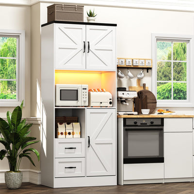 Frmobepts Kitchen Pantry Storage Cabinet with LED Lights and Power Strip, Tall Farmhouse Kitchen Pantry with Barn Doors and Drawers, Adjustable Shelves for Dining Living Room (White)