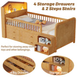 Kids Loft Bed with LED Lights,Wooden Low Loft Bed Twin with House Shape Headboard, 4 Storage Drawers and Stairs for Girls Boys,No Box Spring Needed, Natural Mirightone
