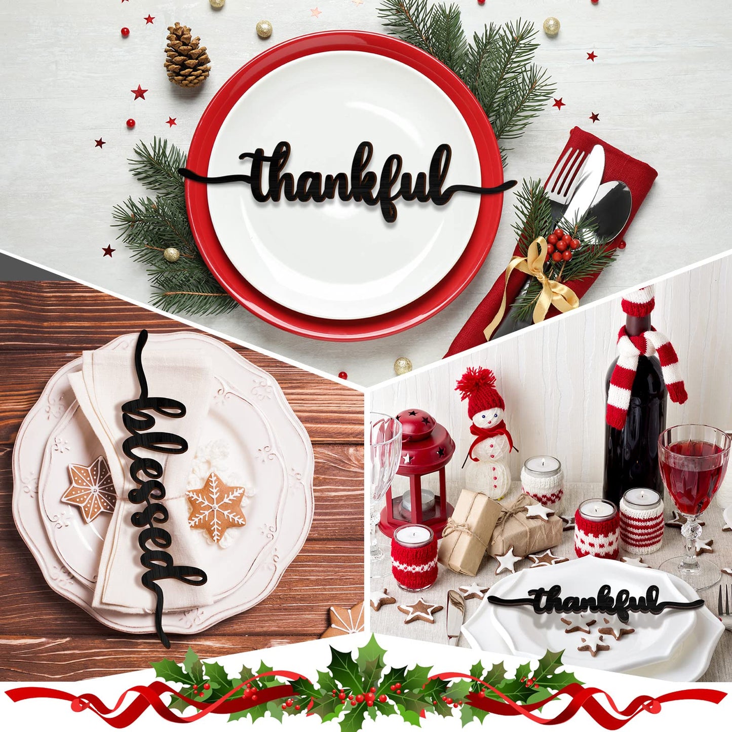 12 Pieces Christmas Word Cutout Wood Cutout Joyful Merry Thankful Grateful Blessed Peace Gather Word Sign Christmas Plate Cutout Rustic Christmas Signs for Home Table Plate Decoration, Classic Style