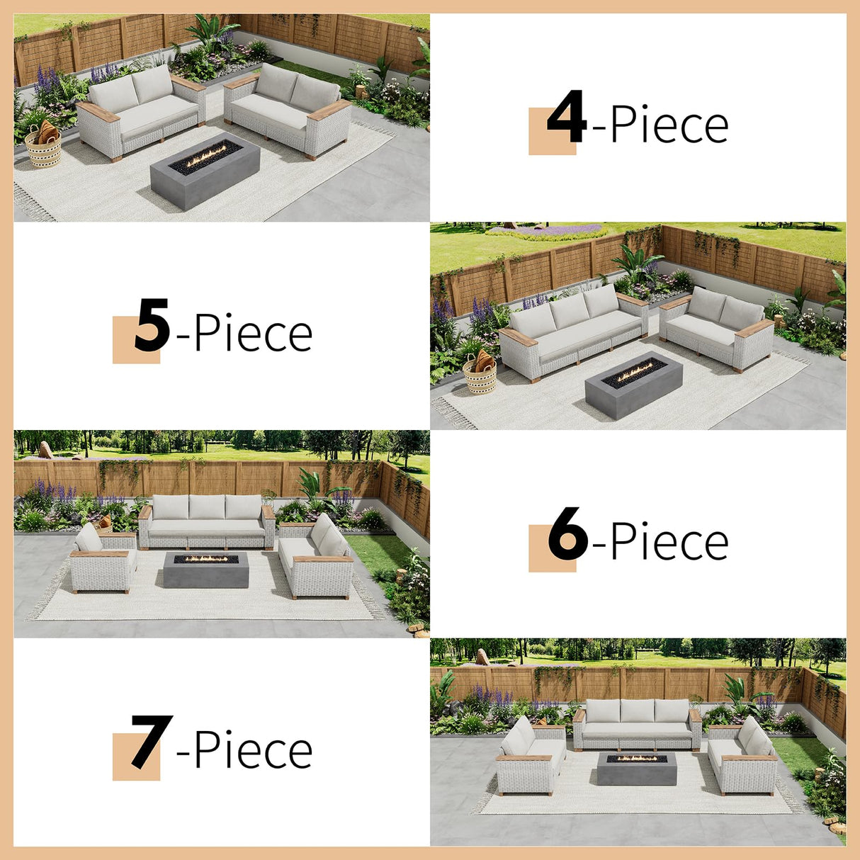 PaPaJet 6-Piece Patio Furniture Set, Wicker Patio Conversation Set with Solid Wood Armrests &Thick Legs, UV-Resistant Outdoor Sectional Sofa for Backyard, Porch, Garden(88"+63"+37") PaPaJet