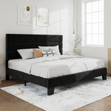SHA CERLIN King Platform Bed Frame with Velvet Upholstered Headboard, Mattress Foundation with Strong Wooden Slats Support, No Box Spring Needed, Black SHA CERLIN