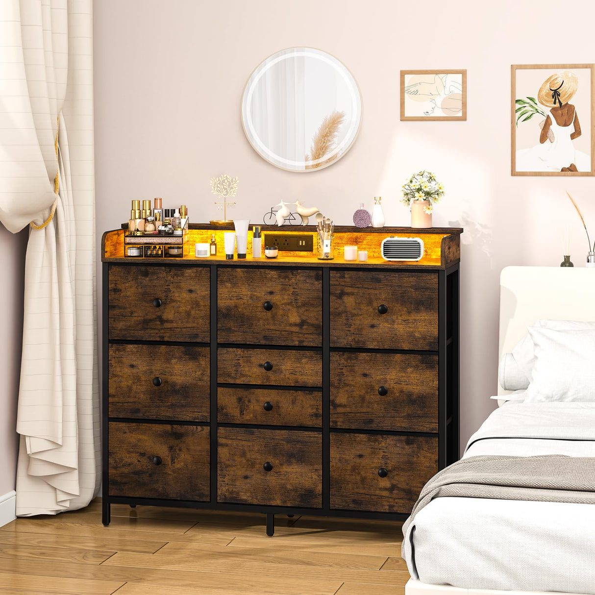 Yoobure Dresser for Bedroom with Charging Station and LED Lights, Tall Dresser TV Stand with 10 Storage Drawers,Fabric Dressers & Chests of Drawers,Wood Dresser for Bedroom Closet Organizer,Brown Yoobure