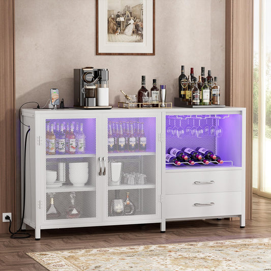 Aheaplus Wine Bar Cabinet with LED Lights and Outlets, Coffee Bar Farmhouse Wine Cabinet for Liquor and Glasses, Industrial Sideboard Buffet with Removable Wine Racks and Wood Drawers for Hom - WoodArtSupply