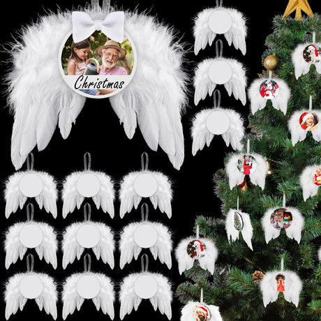 Christmas Sublimation Ornament Blank Decor White Angel Wings DIY Xmas Ornament Craft Hanging, Feather Hanging with Pendants for Christmas Tree Angel Wings Decor(24 Pcs,Round Style) Amyhill