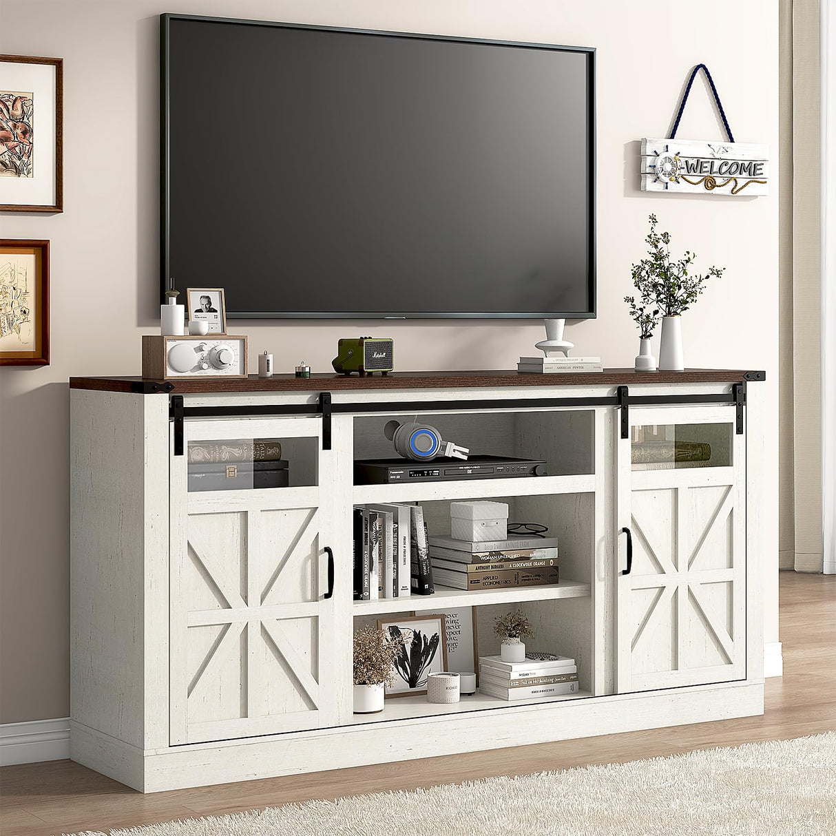 Hlivelood 66" Farmhouse TV Stand with Power Outlets for 75 65 Inch TVs, Entertainment Center with Sliding Barn Door & Large Storage Cabinets w/Adjustable Shelf, 33" Tall TV Media Console, Rustic White Hlivelood