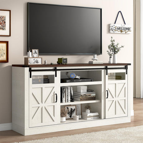 Hlivelood 66" Farmhouse TV Stand with Power Outlets for 75 65 Inch TVs, Entertainment Center with Sliding Barn Door & Large Storage Cabinets w/Adjustable Shelf, 33" Tall TV Media Console, Rustic White Hlivelood