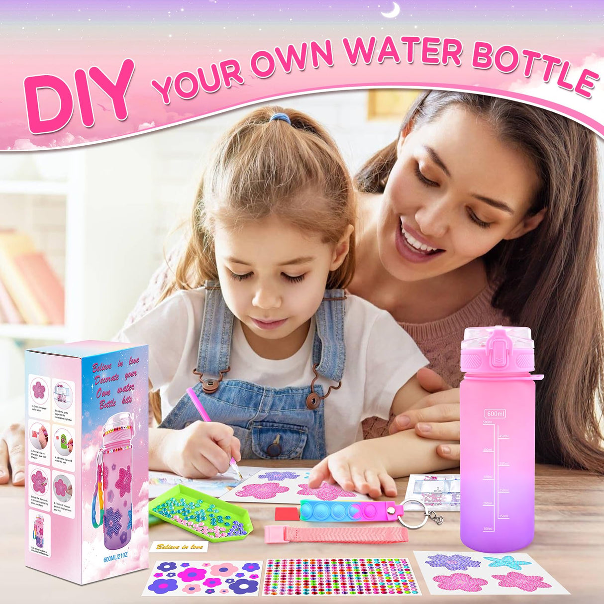 ASIOWELY Decorate Your Own Water Bottle Kits for Girls Age 4-12, Flower Diamond Painting Art and Crafts Gift for Boys Age 4-6-8-10, Fun Gifts Toys for School Birthday Christmas ASIOWELY