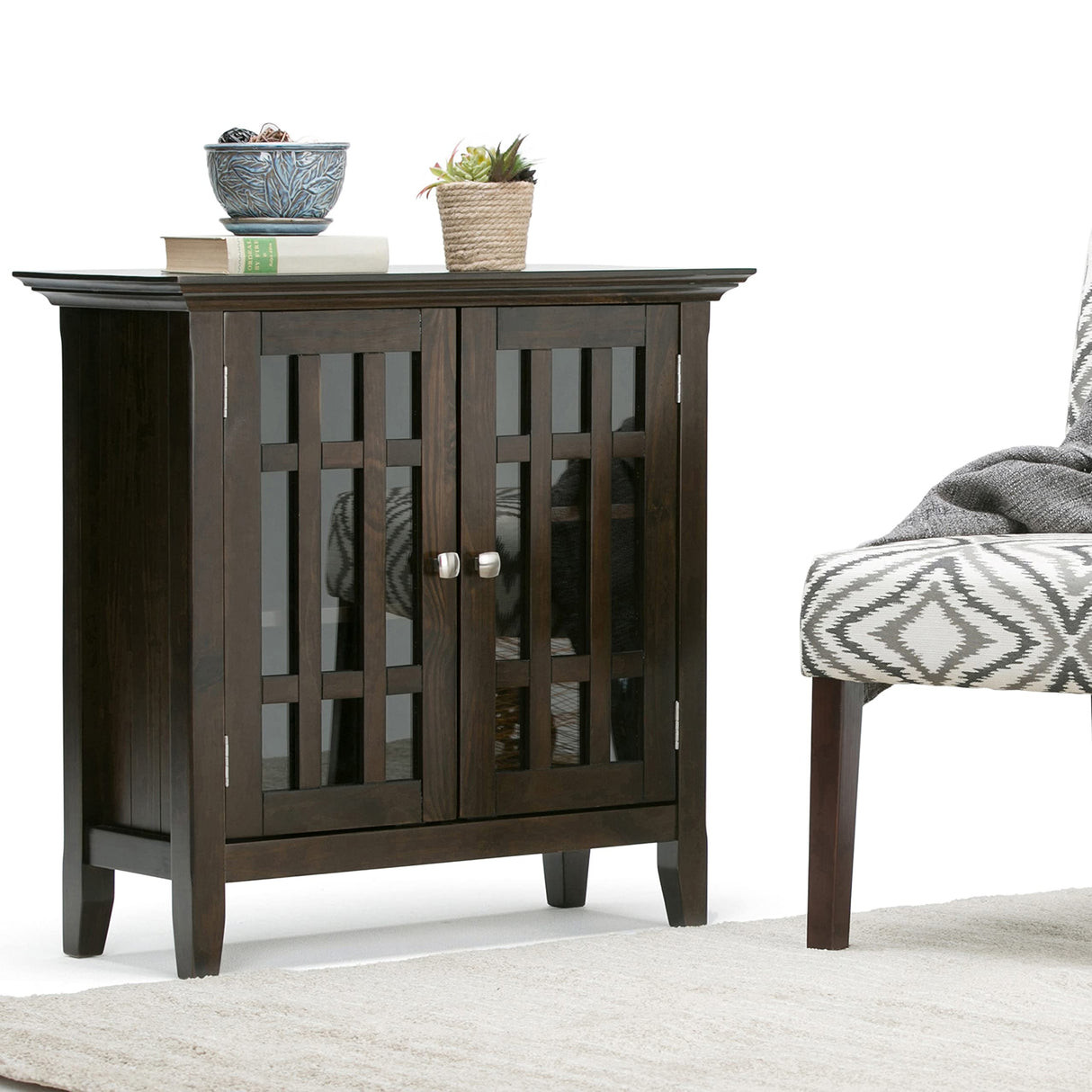 SIMPLIHOME Bedford SOLID WOOD 32 inch Wide Transitional Low Storage Media Cabinet in Dark Tobacco Brown for the Living Room, Entryway and Family Room SIMPLIHOME