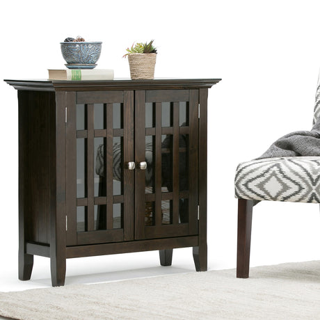 SIMPLIHOME Bedford SOLID WOOD 32 inch Wide Transitional Low Storage Media Cabinet in Dark Tobacco Brown for the Living Room, Entryway and Family Room SIMPLIHOME