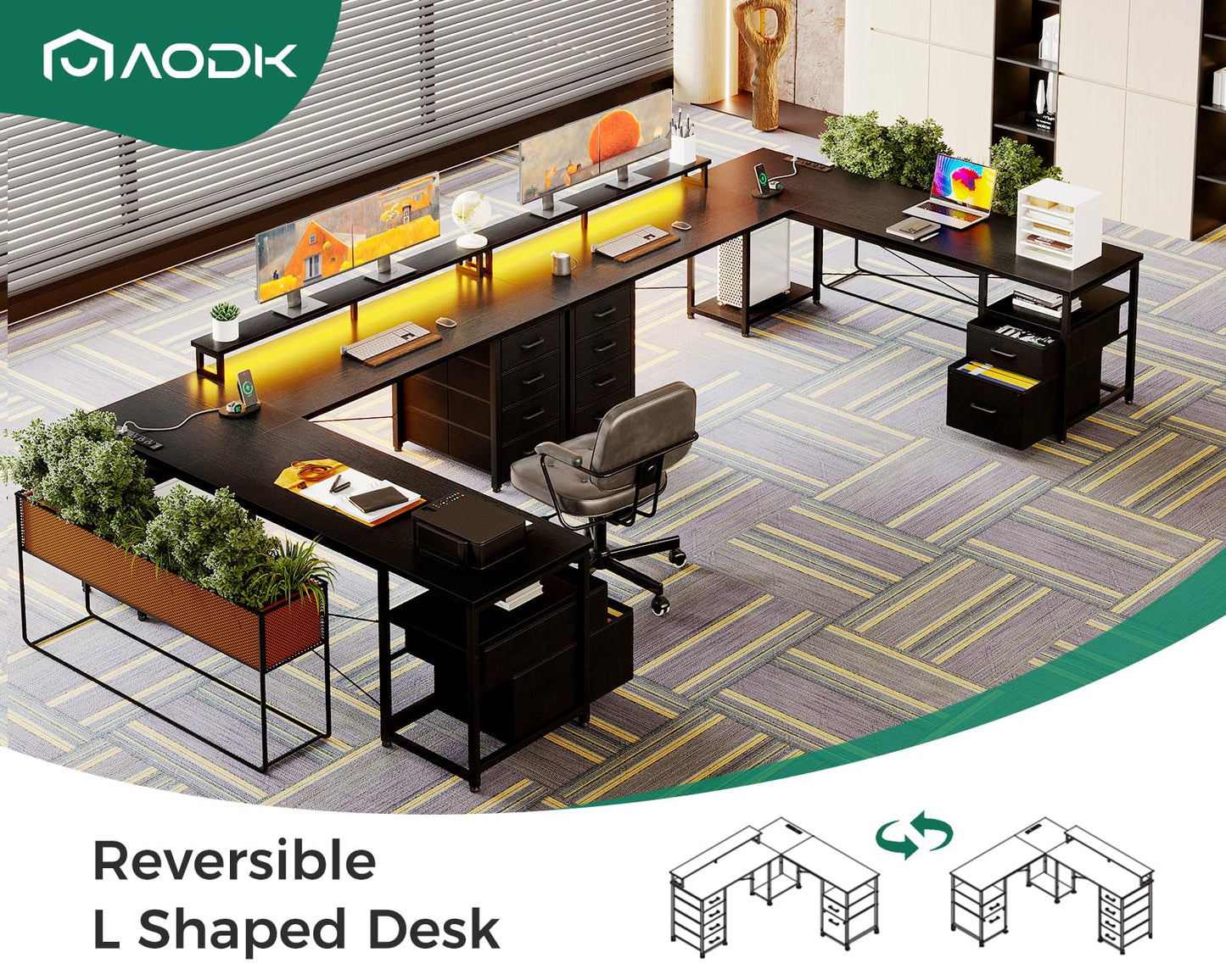 AODK 66" L Shaped Computer Desk, 113“ Reversible Home Office Desk with File Cabinet & 4 Fabric Drawers, Two Person Desk with LED Lights & Power Outlet, Corner Gaming Desk with Monitor Shelf,  - WoodArtSupply