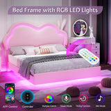 Jocisland LED Full Bed Frame for Girls Upholstered Floating Bed with Cute Cloud Headboard, No Box Spring Needed, Leather, Pink Jocisland