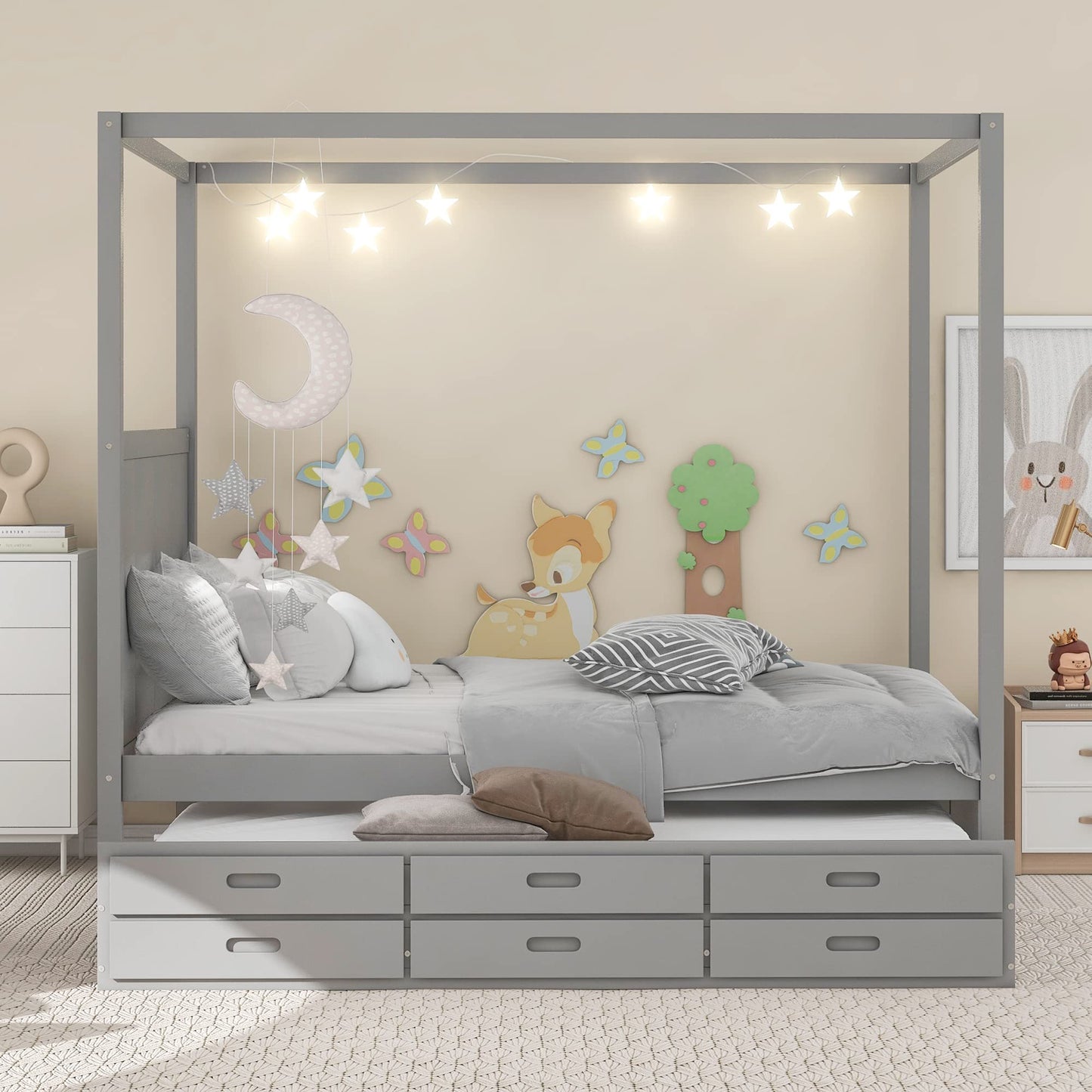 Harper & Bright Designs Grey Queen Canopy Bed with Twin Trundle and 3 Storage Drawers - WoodArtSupply