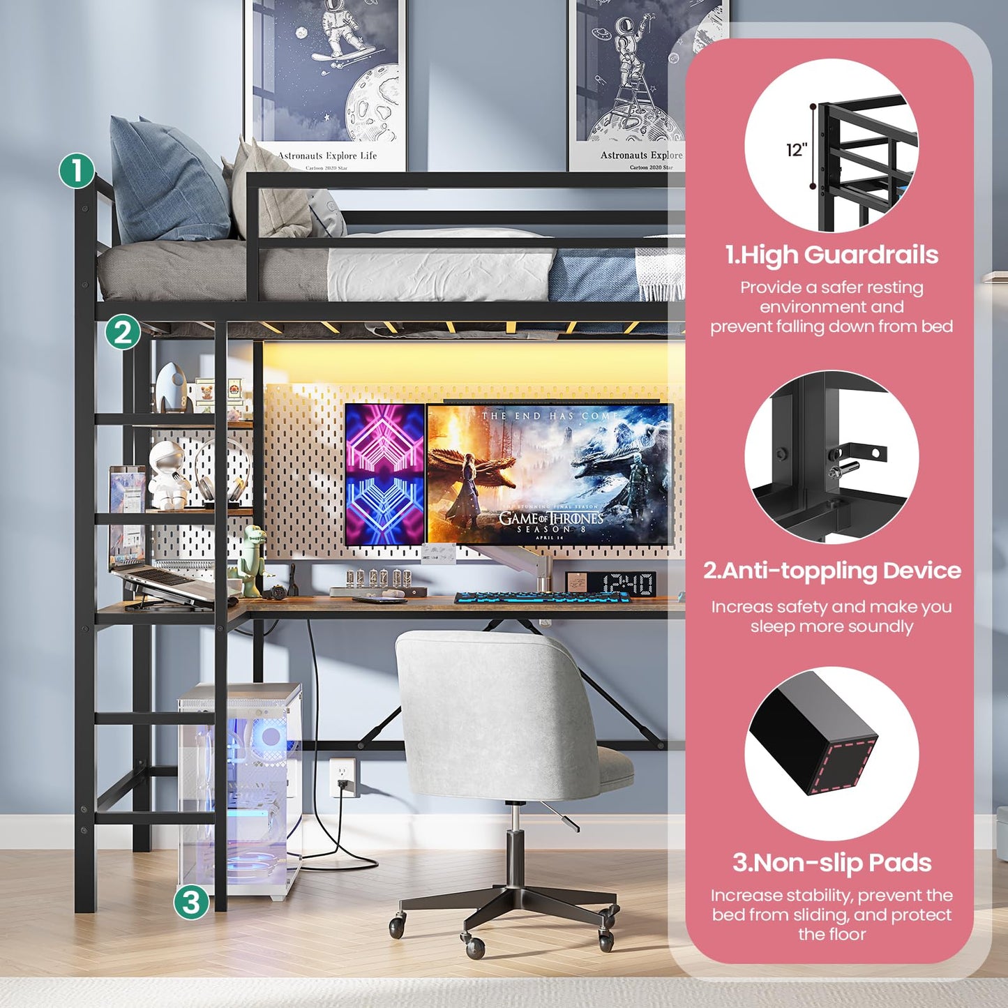 Hasuit Loft Bed with U-Shaped Desk, Charging Station &LED Lights, Metal LED Twin Loft Bed with Open Storage Shelves, Safety Guardrail & Double Ladder,No Box Spring Needed, Black Twin Size Loft Bed