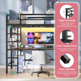 Hasuit Loft Bed with U-Shaped Desk, Charging Station &LED Lights, Metal LED Twin Loft Bed with Open Storage Shelves, Safety Guardrail & Double Ladder,No Box Spring Needed, Black Twin Size Loft Bed Hasuit