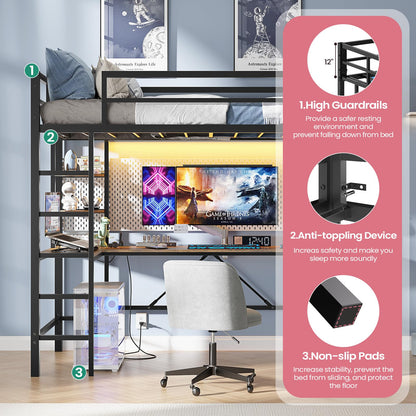 Hasuit Loft Bed with U-Shaped Desk, Charging Station &LED Lights, Metal LED Twin Loft Bed with Open Storage Shelves, Safety Guardrail & Double Ladder,No Box Spring Needed, Black Twin Size Loft Bed