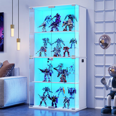 Lvifur Display Cabinet with Glass Doors,66' Curio Cabinet with Adjustable Shelf and Lockable,4-Tier Bookcase with 3 Color Lights for Collectibles,Storage Cabinets with Human Body for Books,Toys,White Lvifur