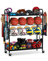 EXTCCT Garage Sports Equipment Organizer - Rolling Ball Storage Bin with Wheels, Garage Sports Gear Rack Outdoor Basketball Racks for Balls with Baseball Bat Holder and Hooks, Toy Organizer EXTCCT