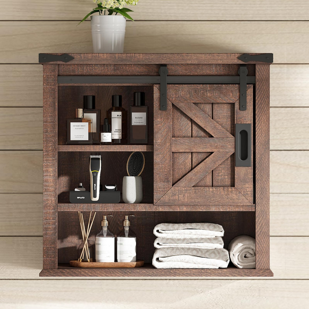 AMERLIFE 24" Wall Cabinet, Farmhouse Storage Cabinet with Sliding Barn Door & Adjustable Shelf, Cabinet Wall Mounted for Bathroom, Kitchen, Living Room, Reclaimed Barnwood AMERLIFE