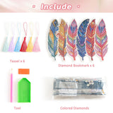 6 Pcs 5D Diamond Painting Art Kit, DIY Acrylic Crystal Diamond Bookmarks with Tassel, Flower & Feather Designs, Handmade Crafts BookMark Gift for Book Lovers, Women & Teenage, Creative Decor emmoolife