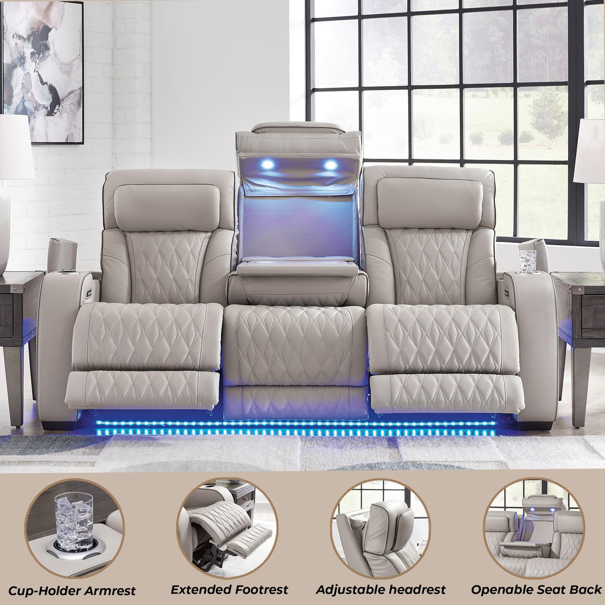 Signature Design by Ashley Boyington Contemporary Leather Match Power Reclining Sofa with USB Charging Ports, LED Lights and Adjustable Headrest, Light Gray Signature Design by Ashley