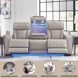 Signature Design by Ashley Boyington Contemporary Leather Match Power Reclining Sofa with USB Charging Ports, LED Lights and Adjustable Headrest, Light Gray Signature Design by Ashley