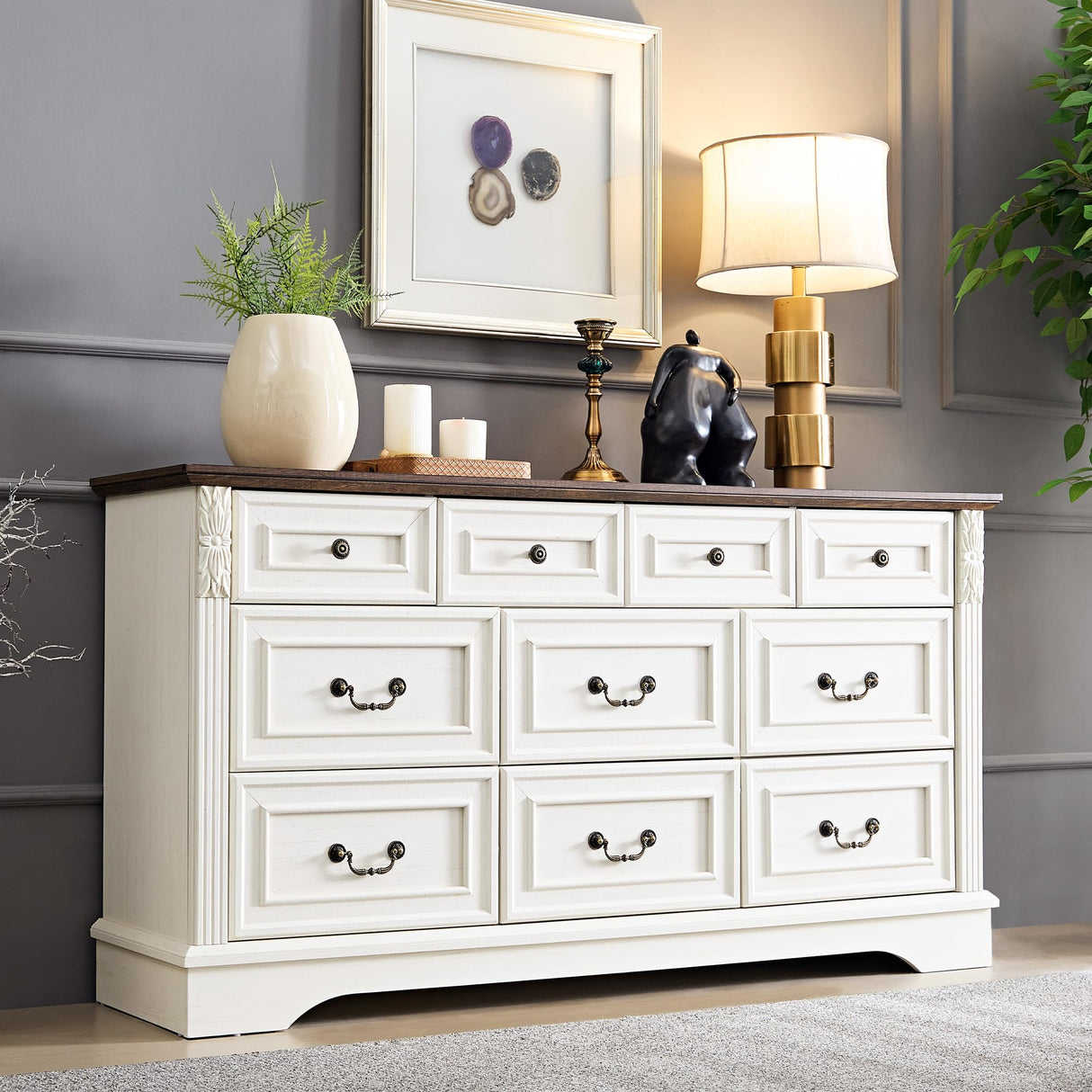 BOSHIRO Farmhouse 10 Drawers Dresser, Dressers for Bedroom, 59" Wide Wood Rustic Chest of Drawers with Carved Pilasters, Storage Organizer, Living Room, Hallway, Antique White BOSHIRO