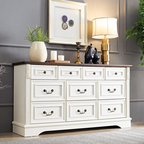 BOSHIRO Farmhouse 10 Drawers Dresser, Dressers for Bedroom, 59" Wide Wood Rustic Chest of Drawers with Carved Pilasters, Storage Organizer, Living Room, Hallway, Antique White BOSHIRO