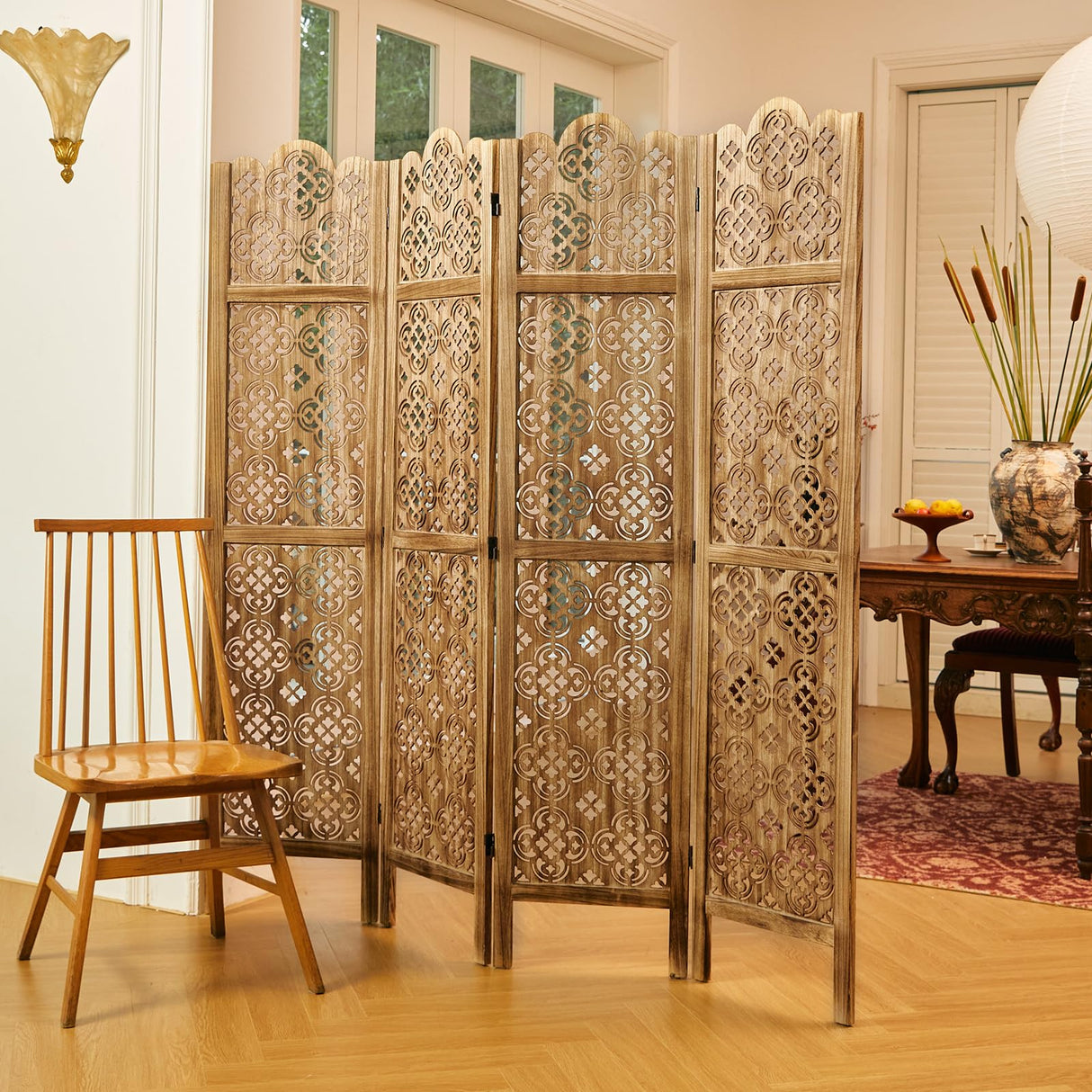 Svimi 5.75Ft Room Divider Wood Carved Wall Divider Indoor Folding Portable Partition Screen for Home Office Garden Terrace - 4 Panel (Antique Brown) Svimi