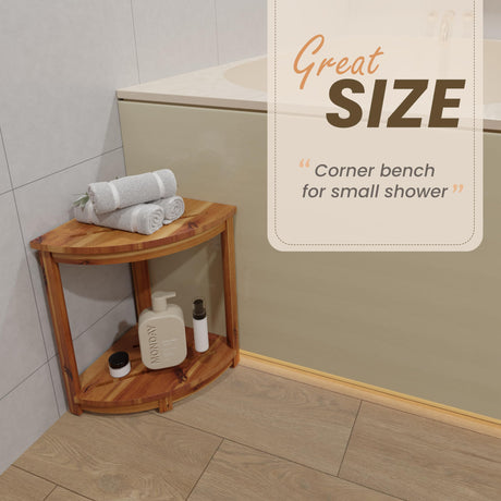 HOLANA 18" Wood Corner Shower Bench & Corner Shower Stool with Storage Shelf - Footrest for Shaving Legs - Bath Step for Small Spaces - Perfect for Indoor or Outdoor (Acacia, 12x12x18) HOLANA