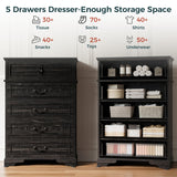 IRONCK 5 Drawer Dresser for Bedroom, Farmhouse Chest of Drawers with Charging Station, Vintage Drawer with Natural Texture, 47.8" Tall Dresser for Living Room, Hallway, Charcoal IRONCK