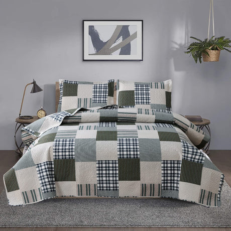 Jessy Home Bedspread Set Queen Size Quilt Set Bedding Lightweight Bedspread Plaid Patchwork Bedding Reversible Quilt Stripe Line Style Mens Quilts Coverlet Soft Breathable Bedspread Queen Bed Jessy Home