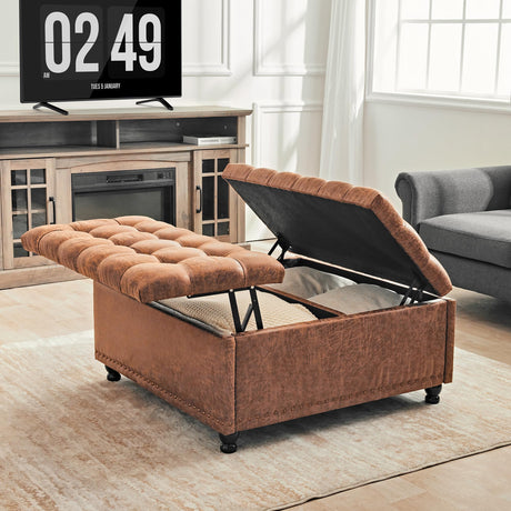 Redlife 35 Inch Large Square Storage Ottoman Bench, Storage Ottoman Coffee Table Large Square Ottoman with Storage Lift Top Tufted Storage Ottoman for Living Room (Brown Leathaire) Redlifeᅟᅠ