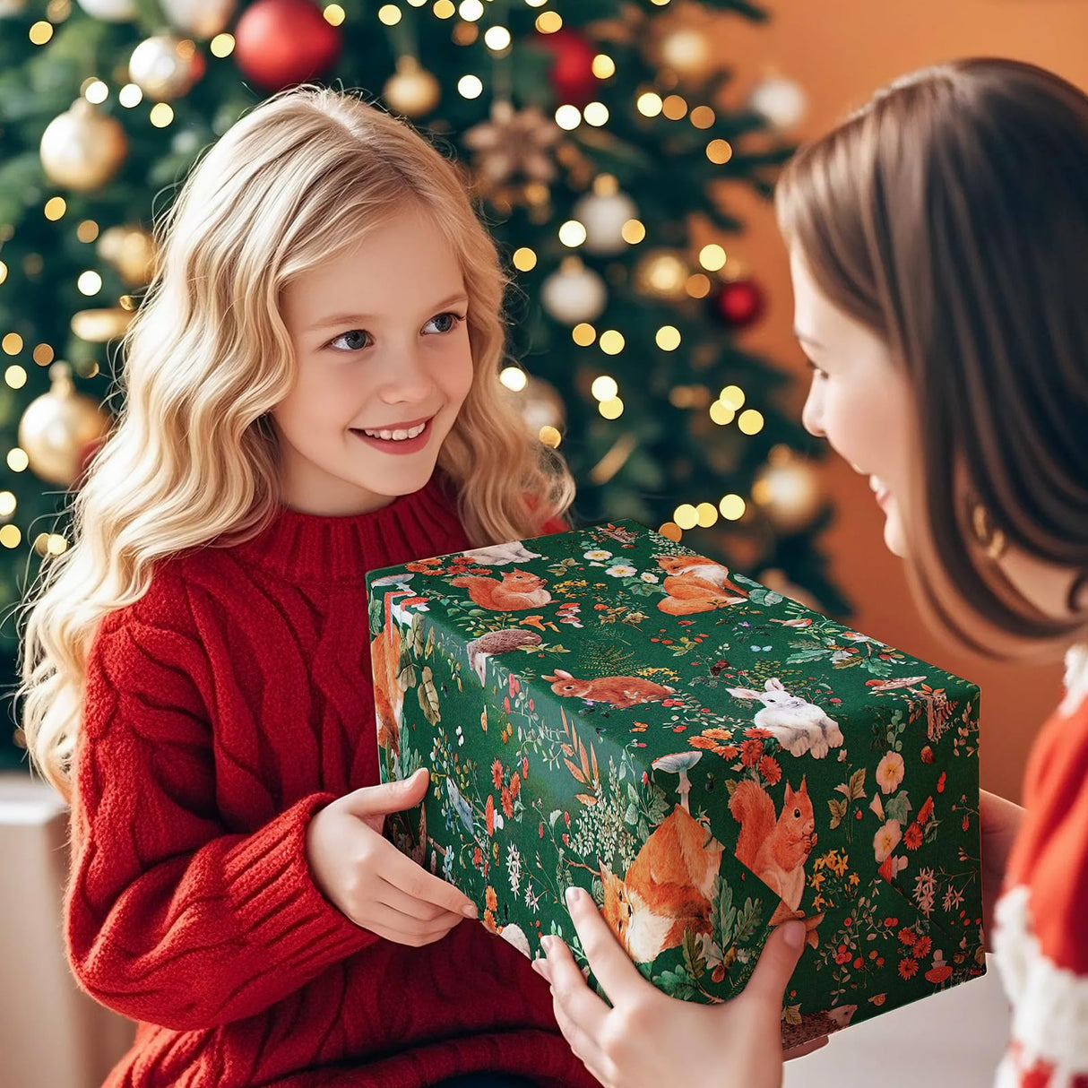 WRAPAHOLIC Kraft Forest Animal Christmas Wrapping Paper - Mini Roll - 17 Inch x 16.5 Feet - Forest Animals Fox Wrapping Paper with Flowers Design for Christmas Holiday, Party Celebration WRAPAHOLIC