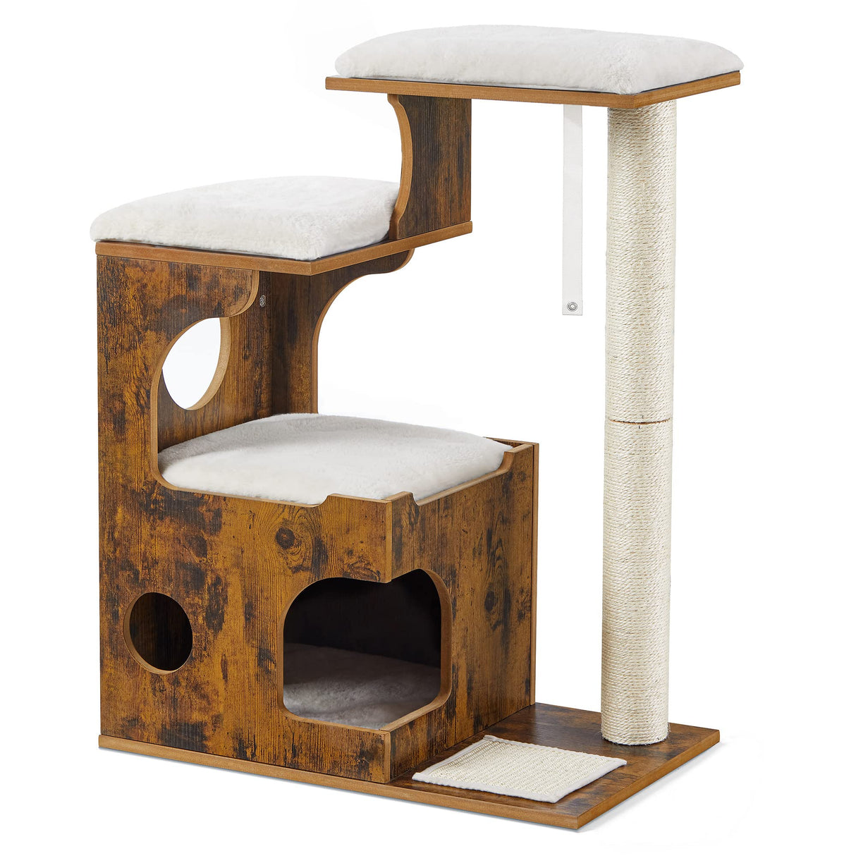 Feandrea 33.9-Inch Cat Tower, Medium Cat Tree with 3 Beds and Cave, Cat Condo Made of MDF with Wood Veneer, Sisal Post and Washable Faux Fur, Vintage, Rustic Brown and White UPCT70HW Feandrea