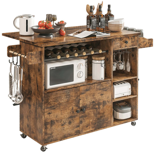 IRONCK Rolling Kitchen Island Cart with Drop-Leaf and Wine Rack, Microwave Rack Serving Cart on Wheels with Drawer & Shelves & Spice Rack & Cup Hanging, Vintage Brown - WoodArtSupply