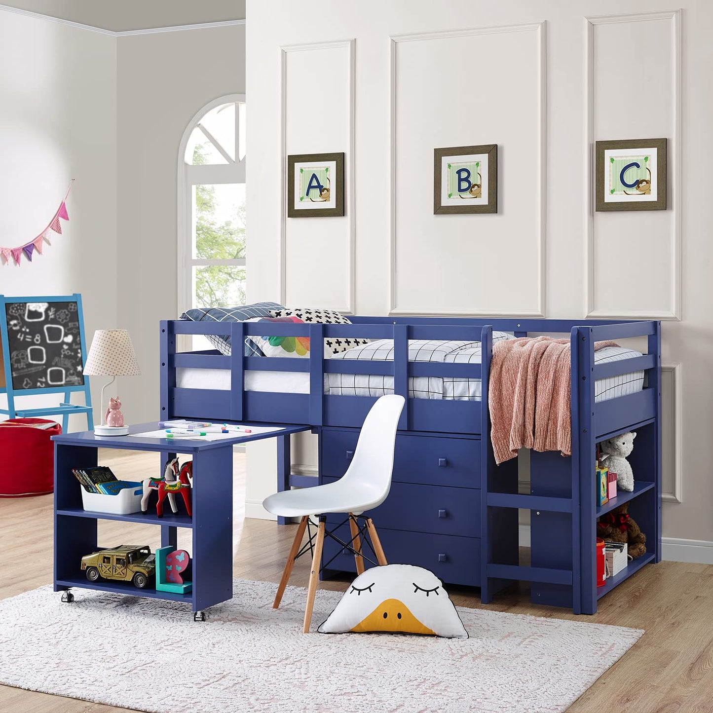 Naomi Home Low Loft Bed Twin Loft Bed with Desk and Storage Kids Beds for Boy Solid Pine Wood Toddler Loft Bed with Storage, Ladder Storage Guard Rails, No Box Spring Needed, Loft Bed Navy