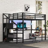 Bellemave Full Size Metal Loft Bed with L Shaped Desk and Wardrobe, Heavy Duty Loft Bed Frame with Storage Stairs, LED Loft Bed Frame with Charging Station & Safety Guard, Space Saving Loft Bed, Black Bellemave