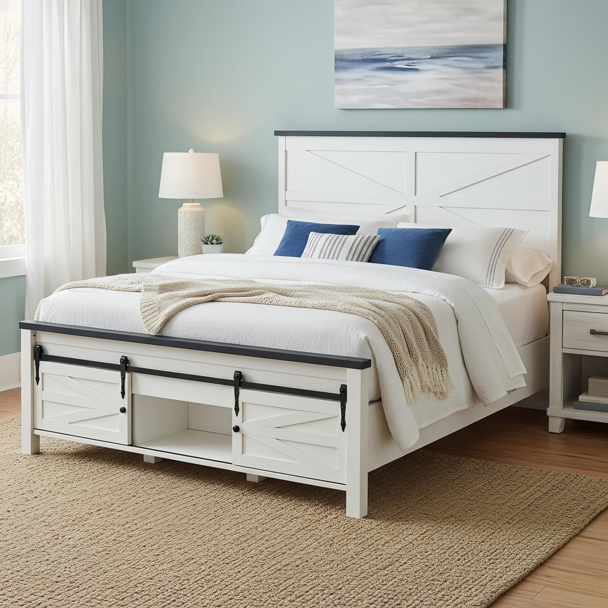 ACCOHOHO Farmhouse Full Size Bed Frame with Barn Door Storage, Platform Bed Frame with Headboard, Rustic Bed, Solid Wood Slats Support/Noiseless/No Box Spring Needed (White) ACCOHOHO