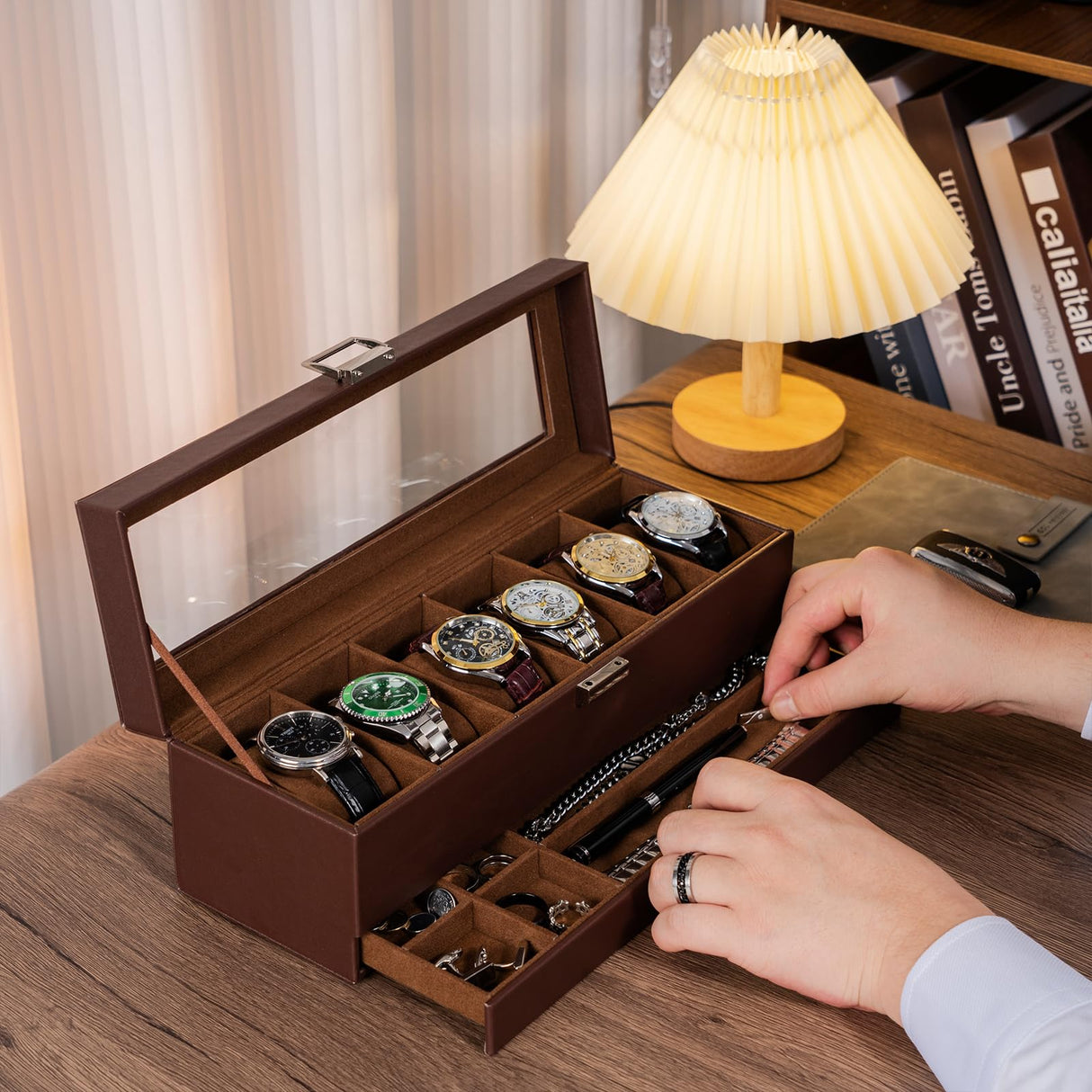 ProCase Watch Box for Men, 6 Slot Watch Display Case with Drawer, Mens Watch Case With Glass Lid, 2-Layer Jewelry and Watch Storage Watch Holder Organizer for Men Women -6 Slot, Espresso ProCase