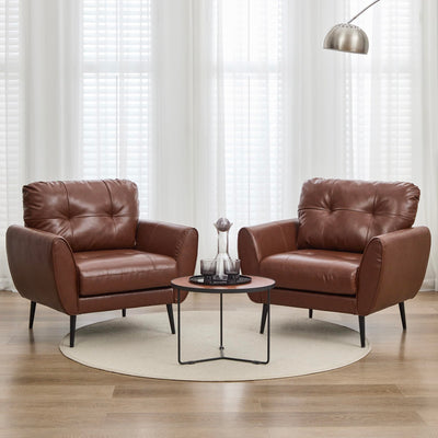 TYBOATLE Accent Chairs Set of 2, Comfy Modern Living Room Brown Leather Reading Accent Chairs Tufted Mid Century Arm Chair Small Salon Chair for Office Bedroom (2, Brown)