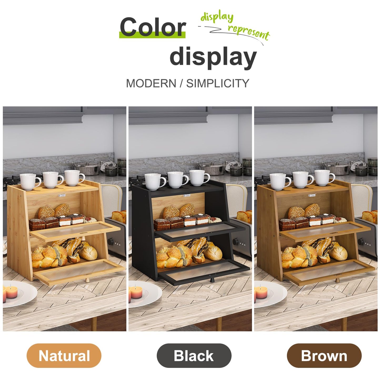 BMOSU Large Bread Box for Kitchen Countertop Double Layer Bread Box Farmhouse Bamboo Bread Box Self-Assembling (Brown) - WoodArtSupply