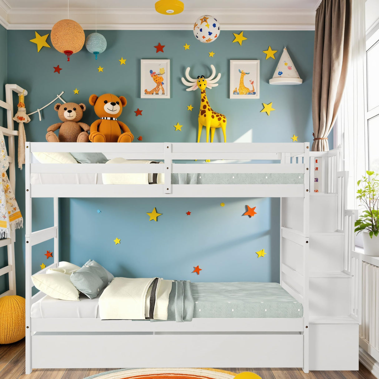 NicBex Twin Over Twin Bunk Beds with Twin Trundle, Kids Bunk Beds Twin Size Loft Bed Frame with Trundle & Stairway Storage Function & Wood Slats Support, Wood Twin Loft Bed for Kids Loft, White NicBex