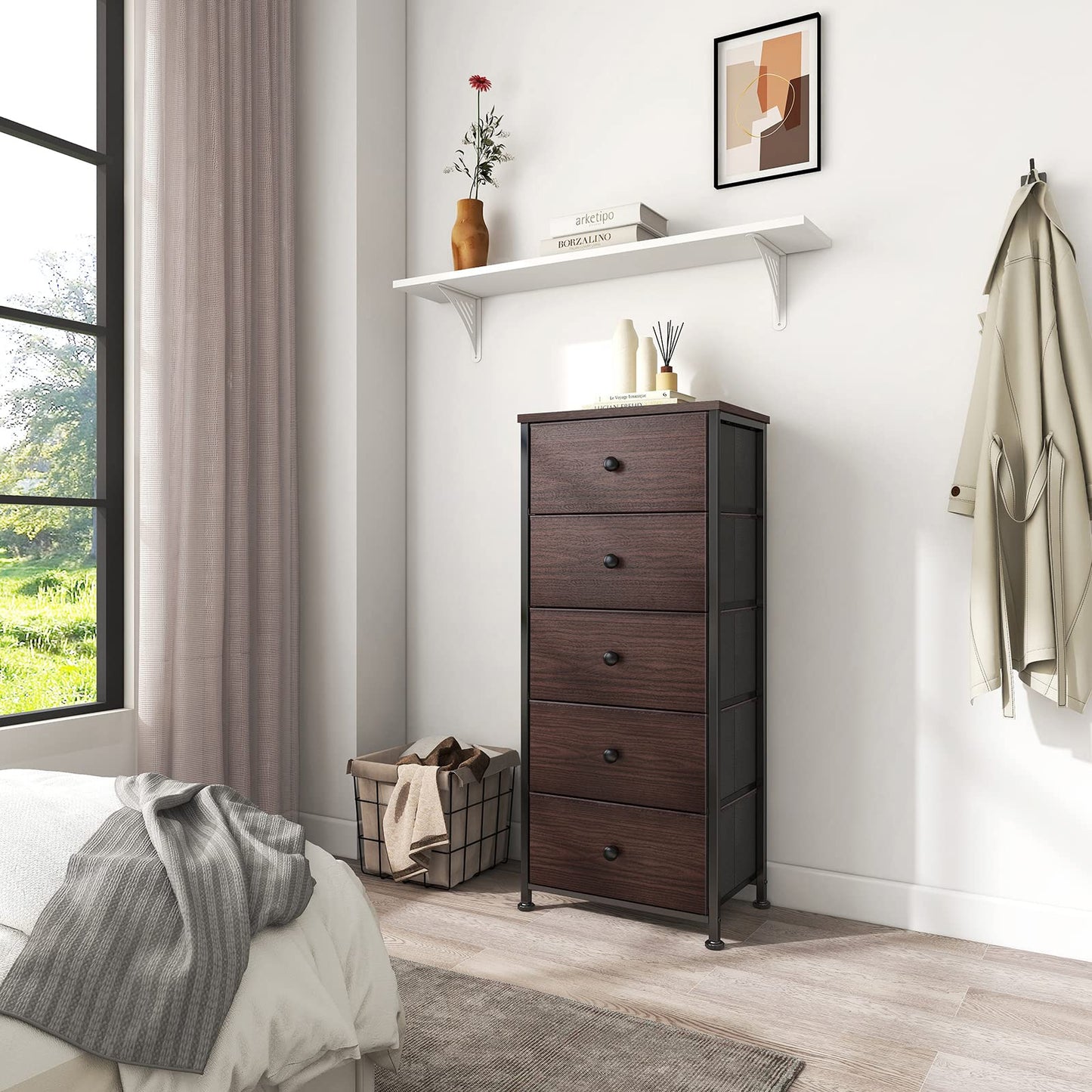 REAHOME 5 Drawer Dresser for Bedroom Faux Leather Chest of Drawers Closets Large Capacity Organizer Tower Steel Frame Wooden Top Living Room Entryway Office (Rustic Brown) RZP5R1 - WoodArtSupply