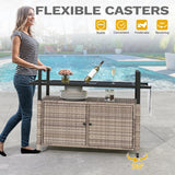 DWVO XL Outdoor Storage Cabinet,Patio Storage Table with Glass Top, Bar Table with Wheels,Outdoor Bar Cart for Patio, Poolside and Backyard,Light Brown DWVO