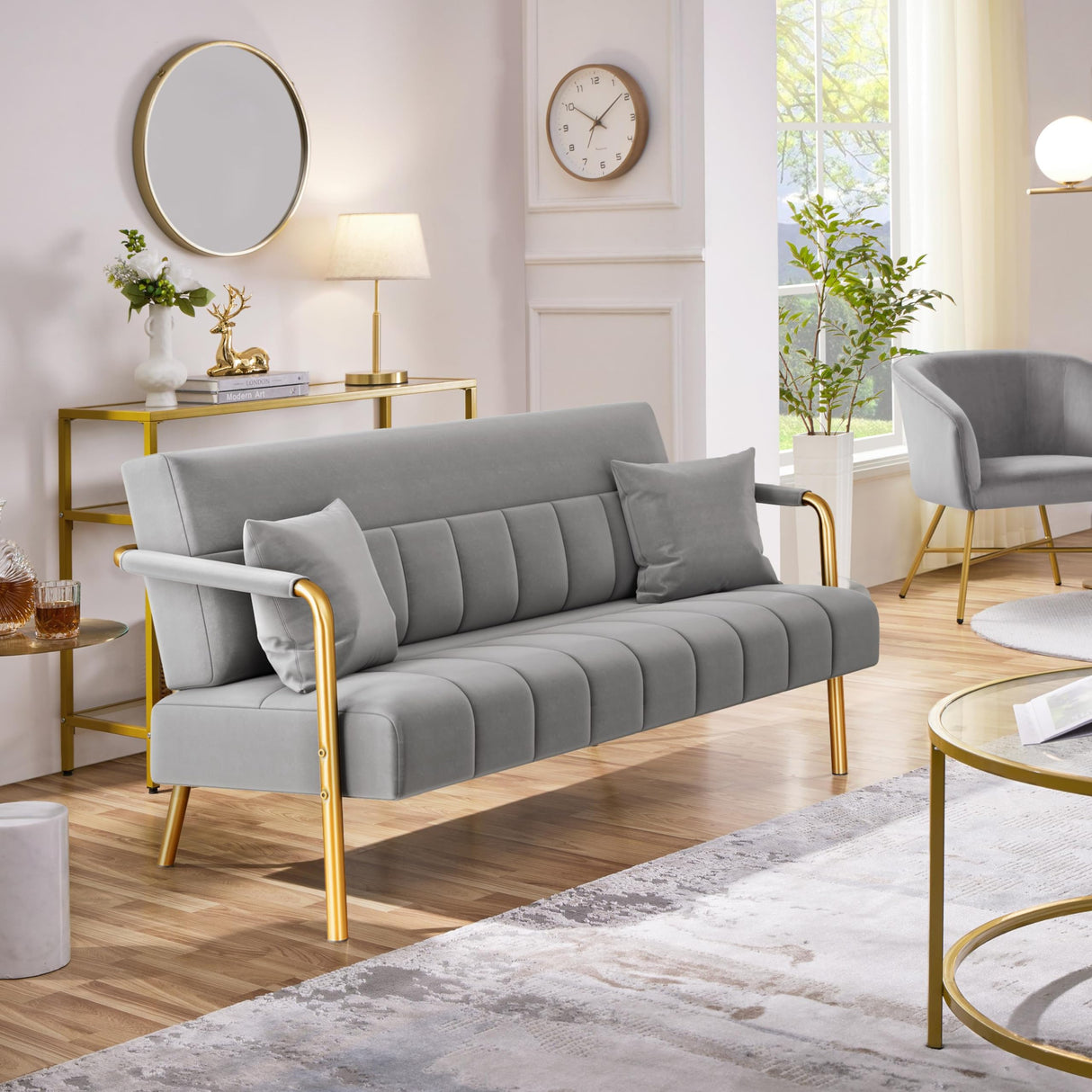 Yaheetech 56.5" W Modern Loveseat 2 Seater Sofa Luxurious Velvet Fabric Couch with Gold-Tone Metal Arms and Legs for Living Room, Home Office, Studio Light Gray Yaheetech