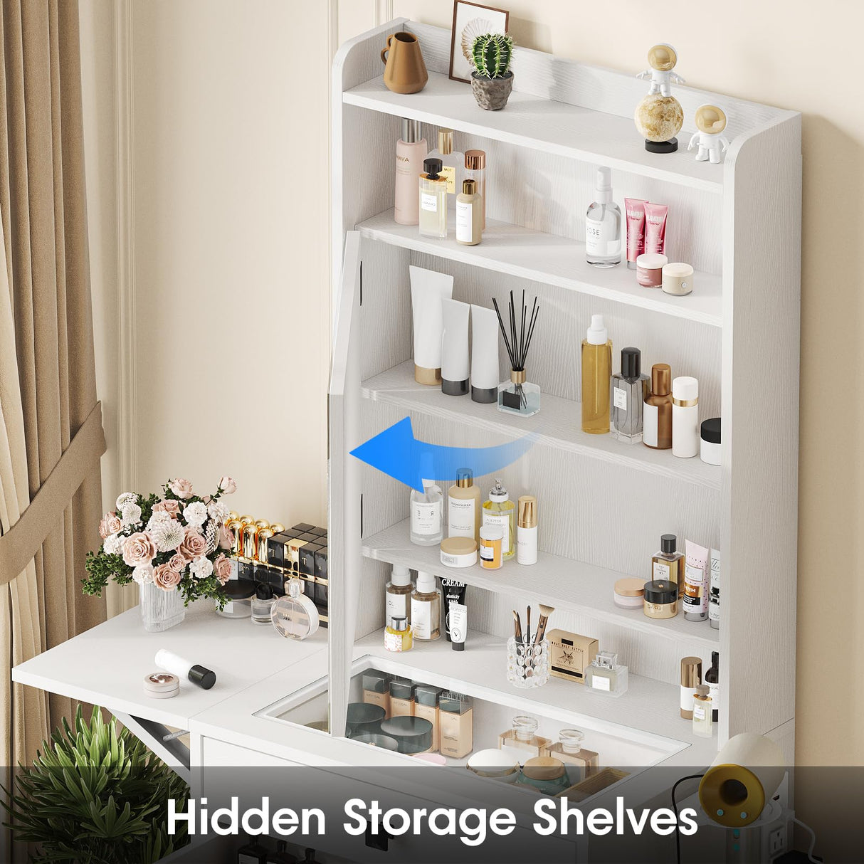 Vabches Small Makeup Vanity Desk with 3 Adjustable Lighted Mirror, White Vanity Set with Fold-up Panel and Charging Station, Glass Top Dressing Table with Drawers and Chair, 2 Hidden Storage Shelves Vabches